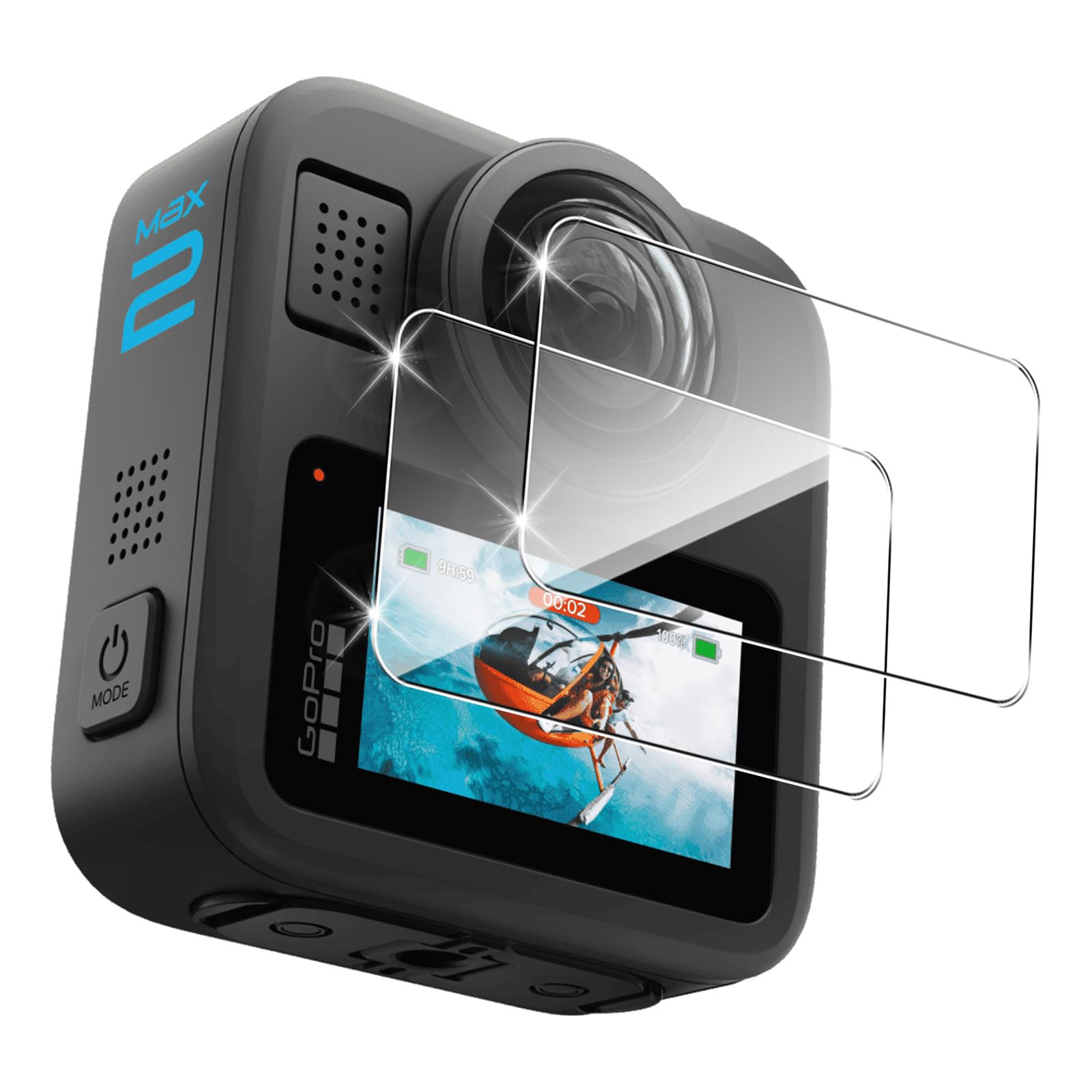 QULLOO Pellicola Protettiva per GoPro MAX 2, 2 Pezzi HD Vetro Temperato Durezza 9H Anti-graffio Schermo Protezione