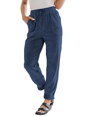 EVALESS Corduroy Pants for Women Casual Drawstring Elastic High Waist Straight Leg Pants Loose Comfy Trousers with Pockets