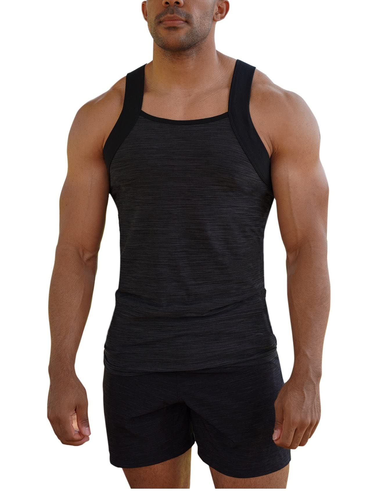 Different Touch Men's Dry Fit Square Cut Tank Tops, Charcoal/Black, XXL