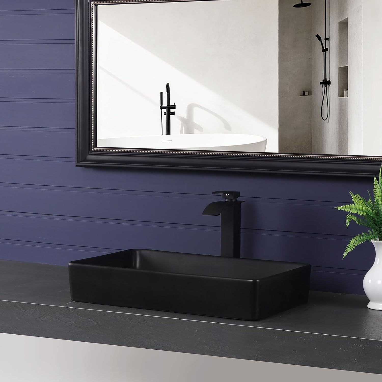 Vessel Sink 24"x14" Rectangular Bathroom Sink Modern Black Porcelain Ceramic Above Counter Drop-in Vanity Sink for Bathrooms Art Basin