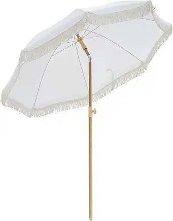 6.5FT Boho Patio Umbrella with Fringe, UPF50+ Outdoor Umbrella with Fiberglass Ribs and Push Button Tilt