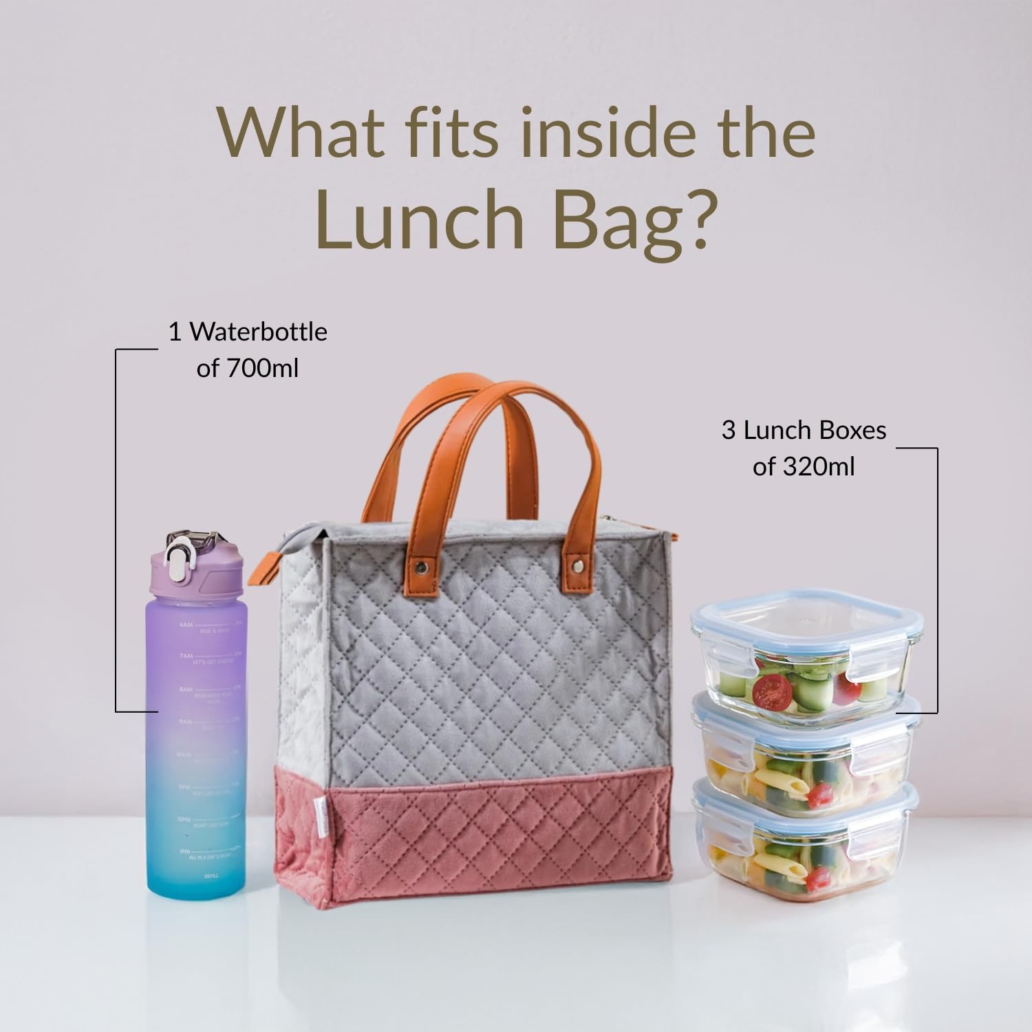 Nestasia Lunch Bag for Women Office Use - Stylish Velvet Quilted Tiffin Bag, Fits Small 320ml x 3 Lunch Boxes & 700ml Water Bottle, Perfect for Office, Travel & Gifting (Grey & Pink) 4