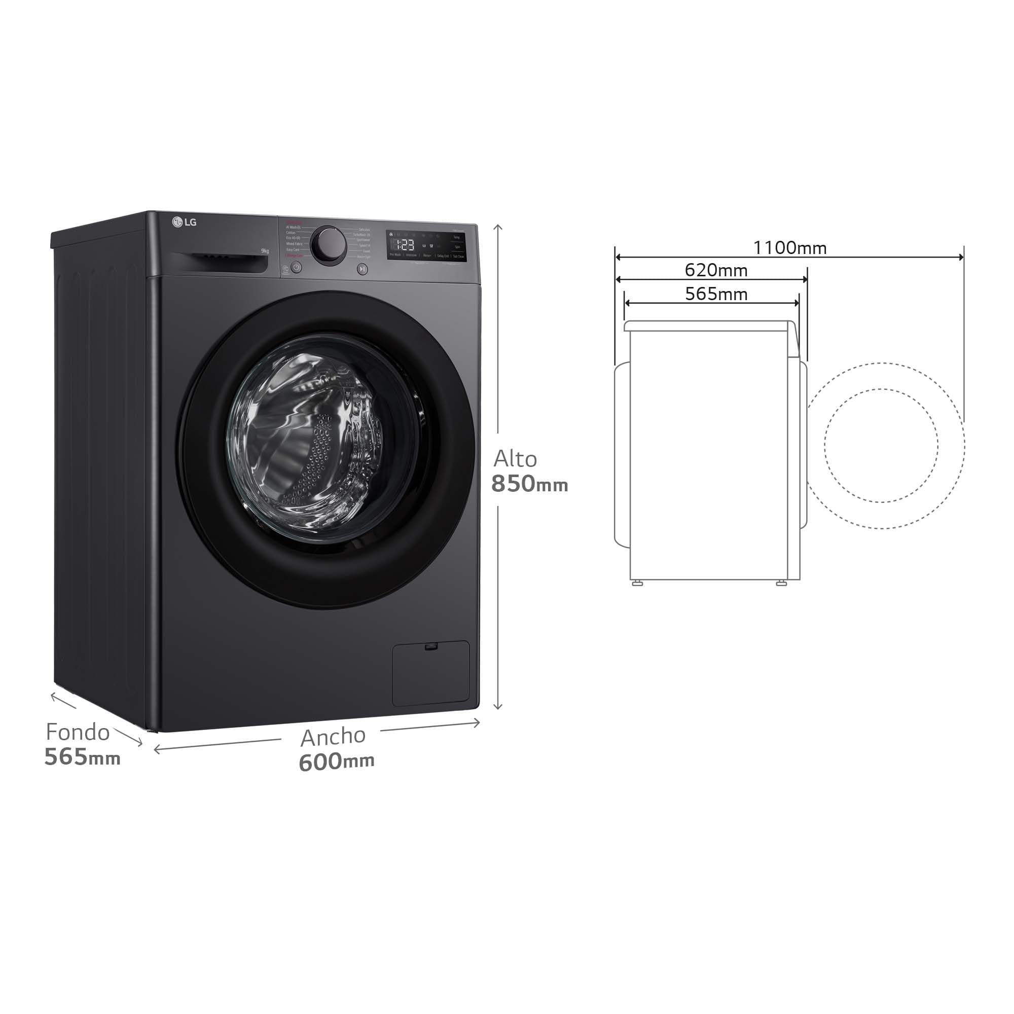 LG F4WR5009A6M - Lavadora Inteligente, 9kg, AI Direct Drive, 1400rpm, Carga Frontal, TurboWash 360º, Algodón Turbo, Vapor Steam, Clasificación A, Serie 500, Inox Grafito