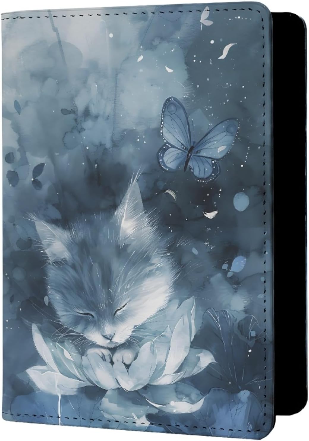 Mens Bohemian Floral Cat Printed Passport Holder for Travel PU Leather Passport Cover for Women with Credit Card Slots Blue White Grey Onesize