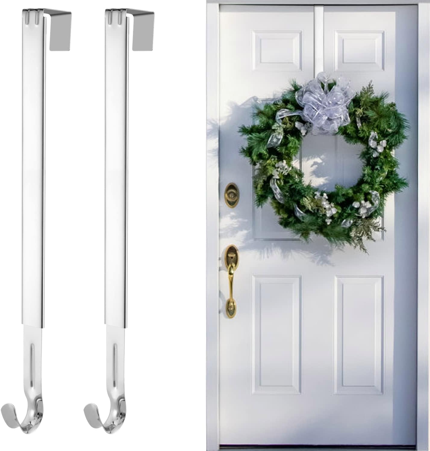 Larchio 2 Pack Adjustable Wreath Hangers for Front Door, Silver Wreath Hanger Hook