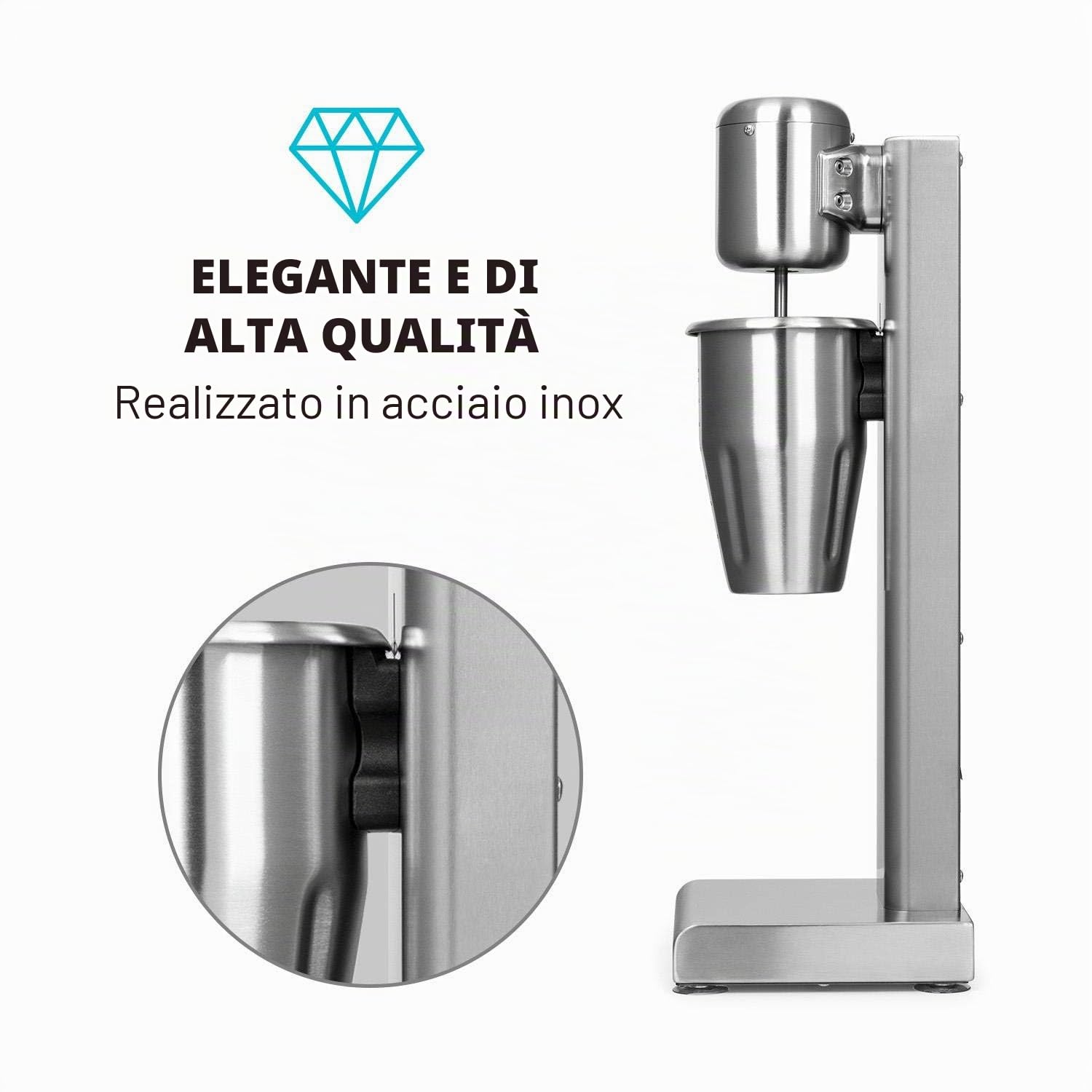 KLARSTEIN Kraftpaket Pro - Drink Mixer, 80 Watt, 1 L, 2 Livelli, 20000 giri/min, Bicchiere in Acciaio Inox, Milkshake & Frullati Proteici, Mixer per Bevande, Bar, Ristoranti, Professionale, Argento