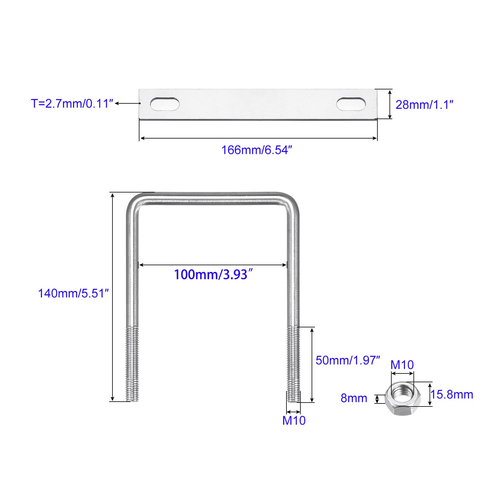 MACHSWON Square U-Bolt,2 Set 304 Stainless Steel M10 U Bolts 100mm(4.02") Inner Width 140mm Length with Nuts and Frame Plate for Automobiles Boat Trailer - Image 2