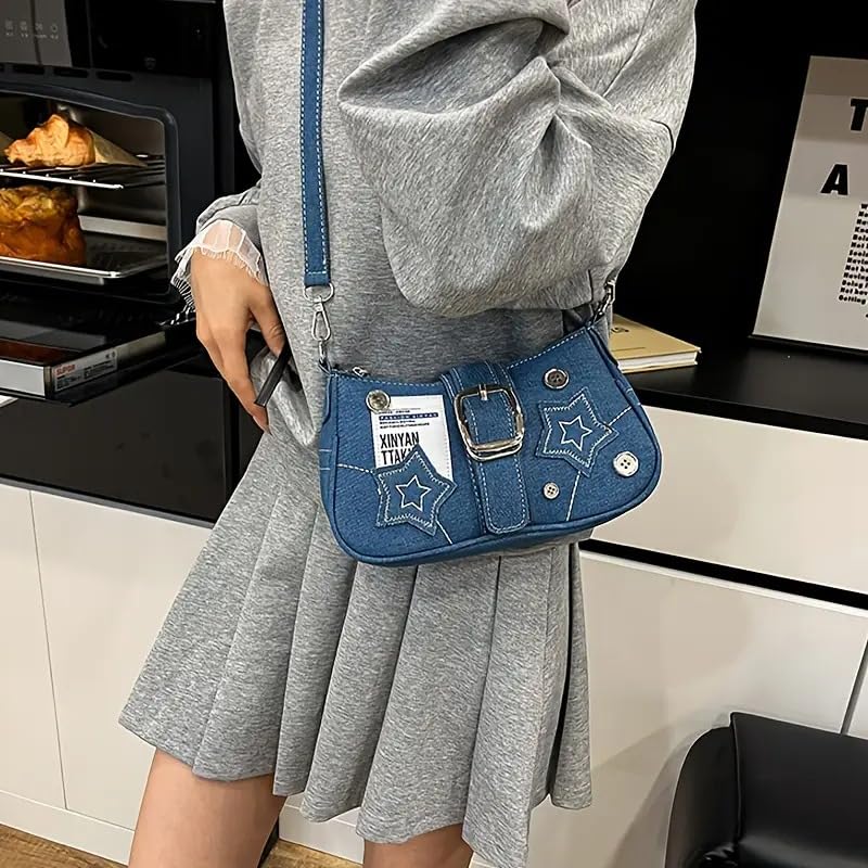 Image of Kawn Denim Shoulder Bag for Women, Canvas Aesthetic Crossbody Bag, Lightweight Hobo Handbags, Retro Messenger Bag for Teen Girls, Casual Style Jeans Purse for everyday Use with Zipper Pockets