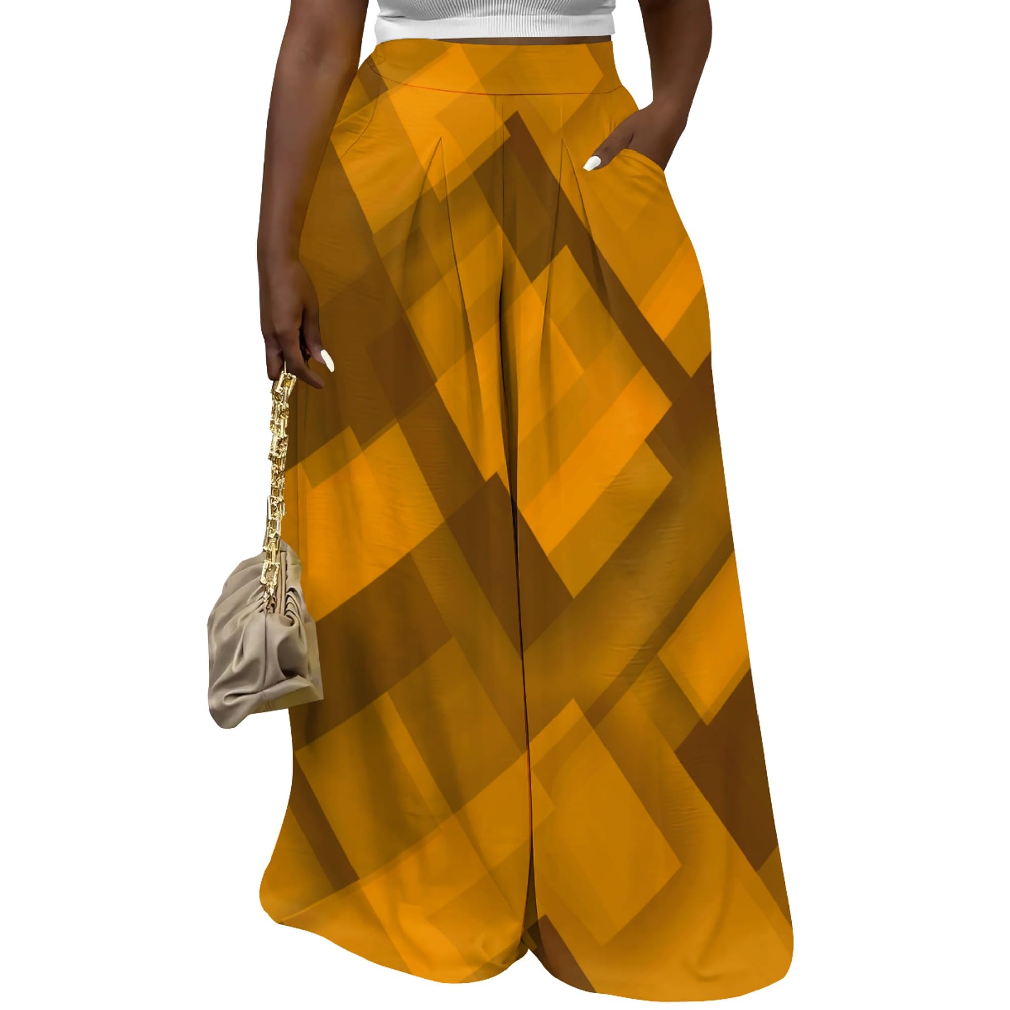 Womens Geometric Print Wide Leg Pants High Waisted Palazzo Pants Casual Flowy Trousers with Pockets