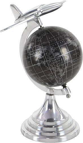 Miniatura 7 de Deco 79 Globo de aluminio con mapa mundial de avión, 8 x 8 x 12 pulgadas, plateado