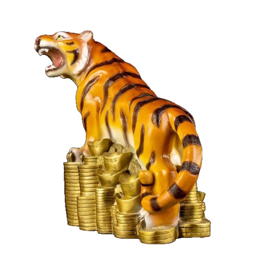 Mosiężna statua tygrysa pod górę – 13,8" duża figurka chińskiego tygrysa zodiaku trzymająca sztabkę złota, dekoracja Feng Shui bogactwo i ochrona, ręcznie robiony