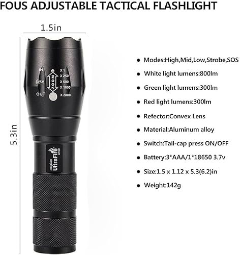 Miniatura 2 de ULTRAFIRE Linterna táctica A100, 800 lúmenes, 5 modos, LED zoomable, linterna de caza con cinturón de trabajo, funda de linterna, vidrio de