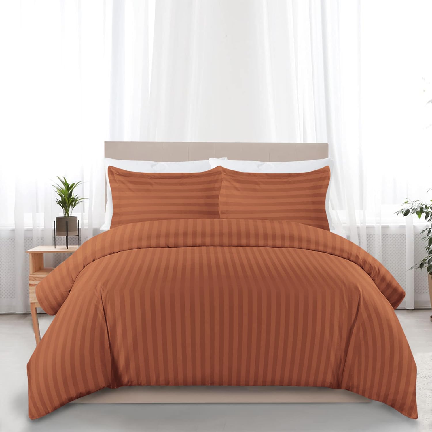 Pamposh Set copripiumino super king a righe in raso, set di biancheria da letto con copripiumino di prima qualità alberghiera, biancheria da letto in microfibra morbidissima e ipoallergenica