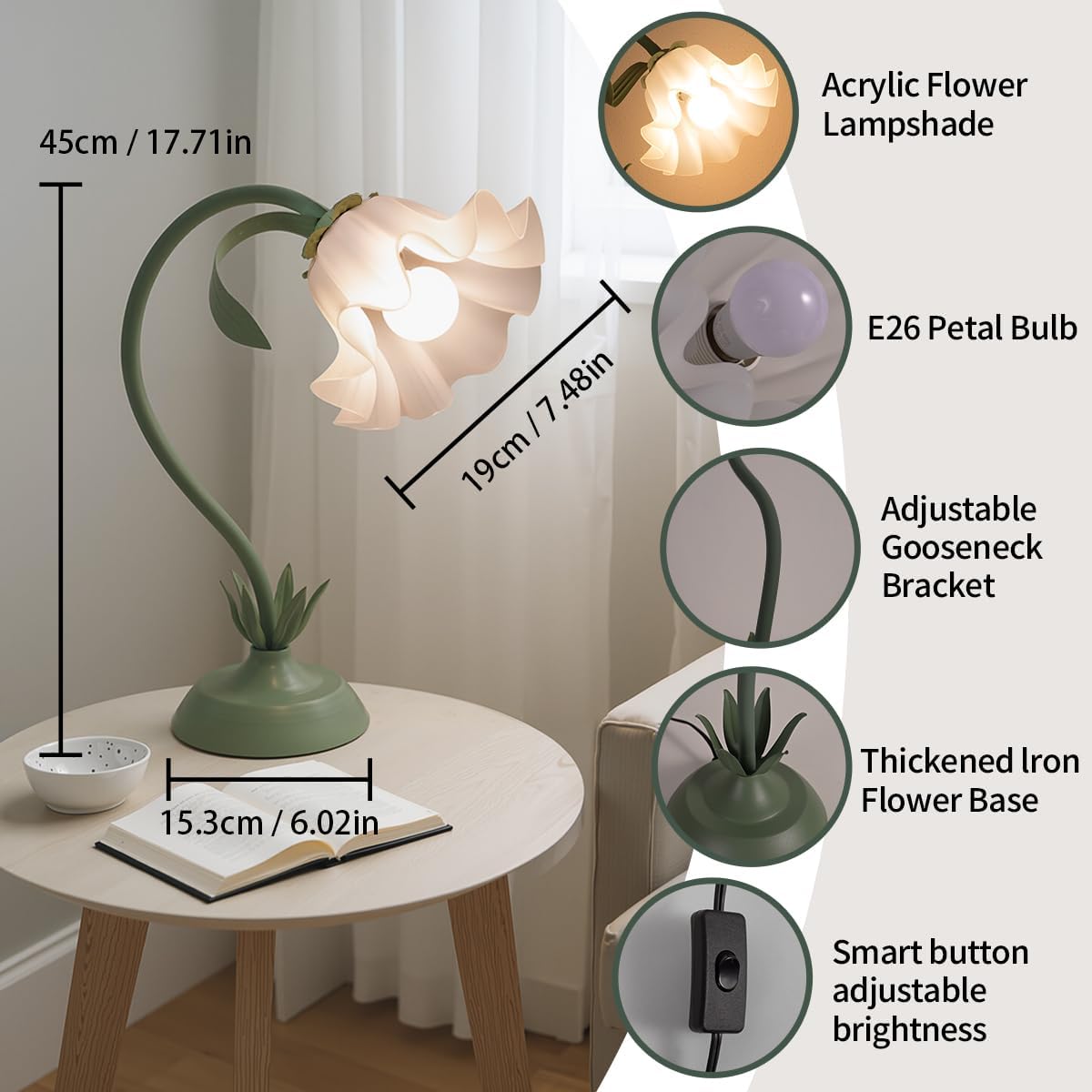 Flower Table Lamp for Bedroom, 3 Colors Flower Reading Light with E26 Bulb, Cute Lily Desk Lamp Bedside Lamps for Nightstands Home Decor, Adjustable Flexible DIY Floral Lamps for Living Room Office
