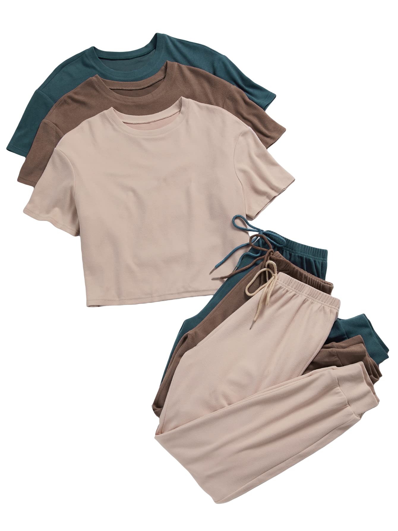 Floerns Womens 6 Piece Sleepwear Short Sleeve Tee Tie Front Pants Lounge Set