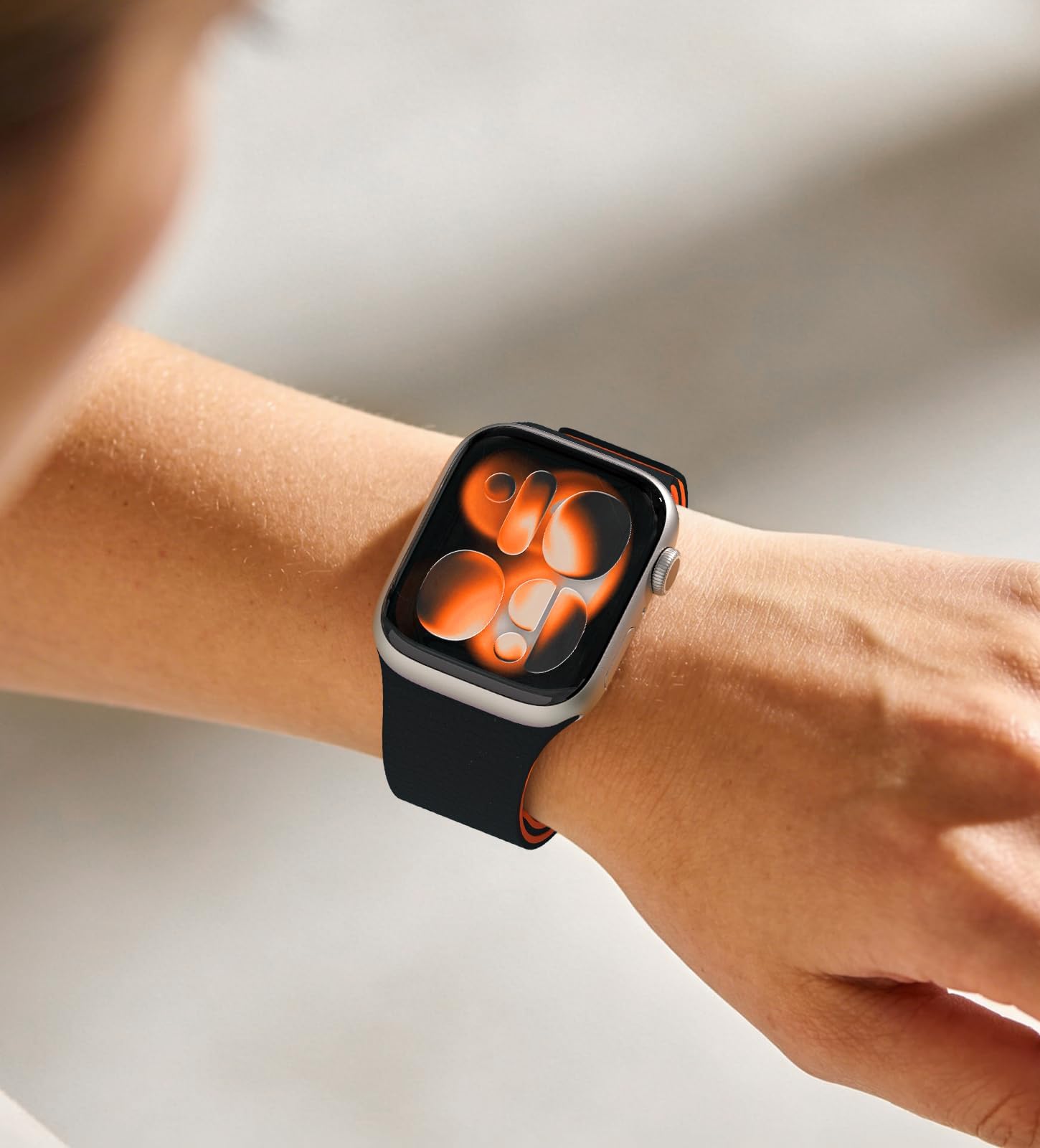 Nereides Compatible with Apple Watch Straps 42mm 41mm 40mm 38mm, Soft Magnetic Silicone Replacement Band for iWatch Series 11 10 9 8 7 6 5 4 SE SE2 SE3 3 2 1 (Black+Orange) — view 2