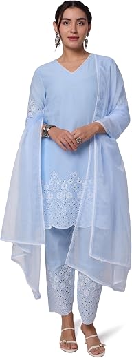 Amazon Brand - Myx Women's Pure Cotton Schiffli Embroidered Kurta Set with Dupatta (Available in Plus Sizes)