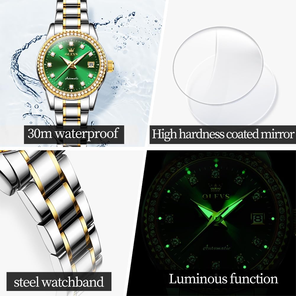 OLEVS Womens Automatic Watch Gold Luxury Diamond Self Winding Ladies Wrist Watches Waterproof Luminous Date - Image 6