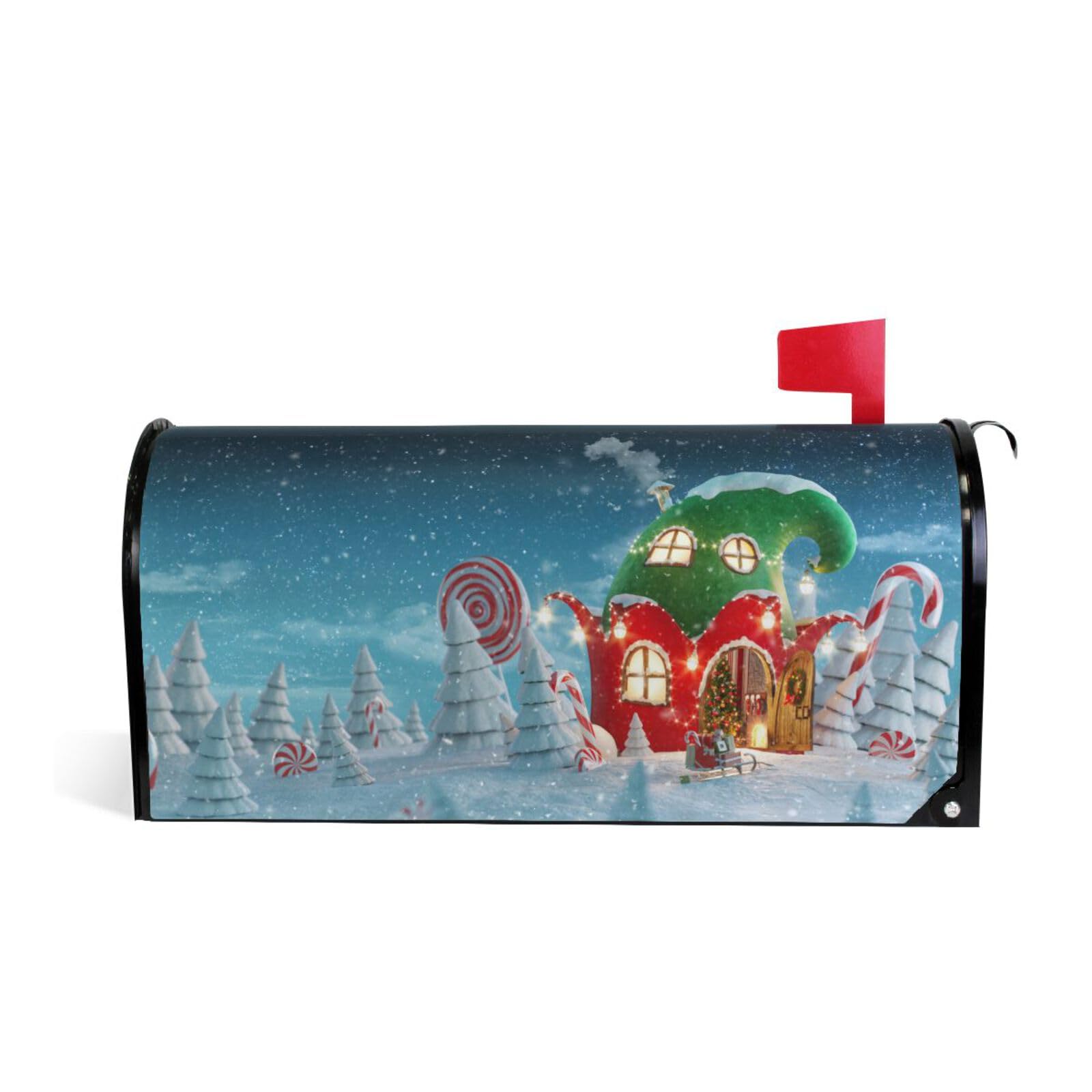 Sipeigyd Christmas Elf House Mailbox Cover Candy Cane Snow Magnetic Post Box Wrap PVC Standard Size AA Letterbox Cover Decorative for Garden Yard Decor Mail Box Waterproof