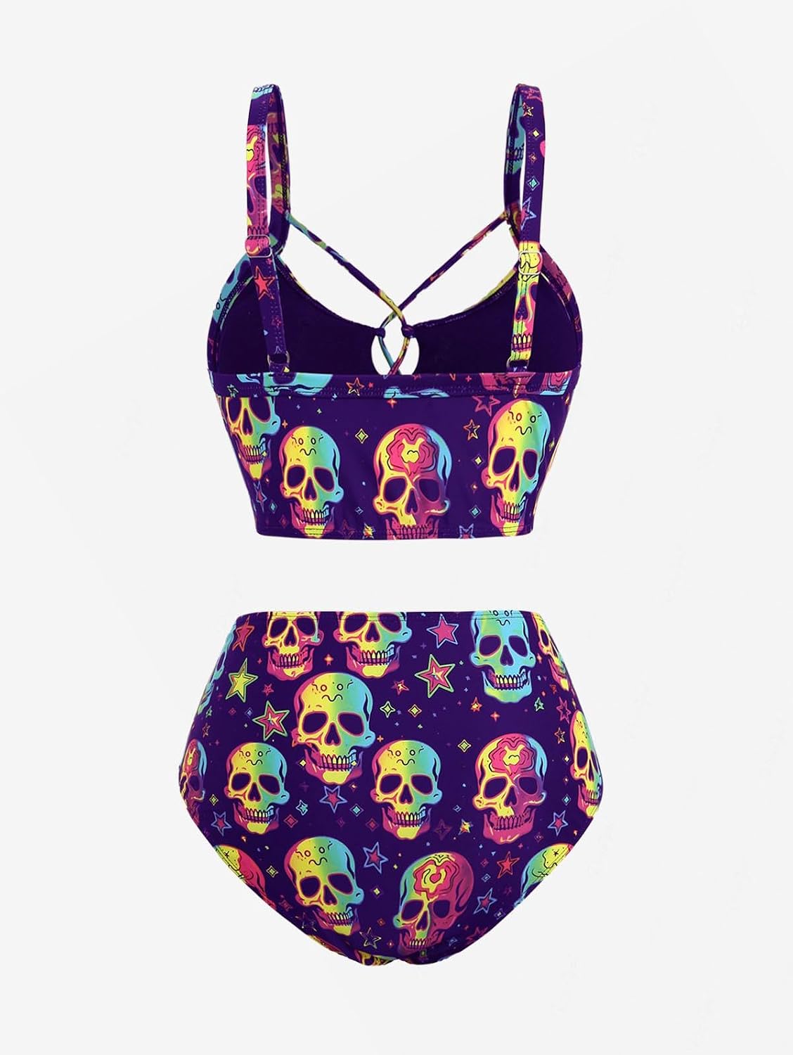 ROSE GAL Women Plus Size Goth Bikini Set Skulls Stars Print Strappy High Waisted Swimsuits