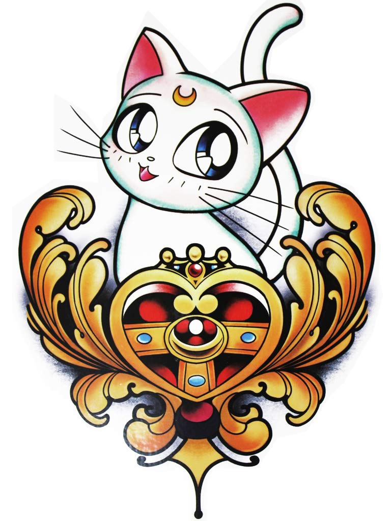 Novu InkSailor Moon Cat Artemis Temporary Tattoos | PACK OF 2 | Fake Tattoos | Art Design Transfers/Stickers | For Body, Arm, Leg etc | (21cm x 16cm)