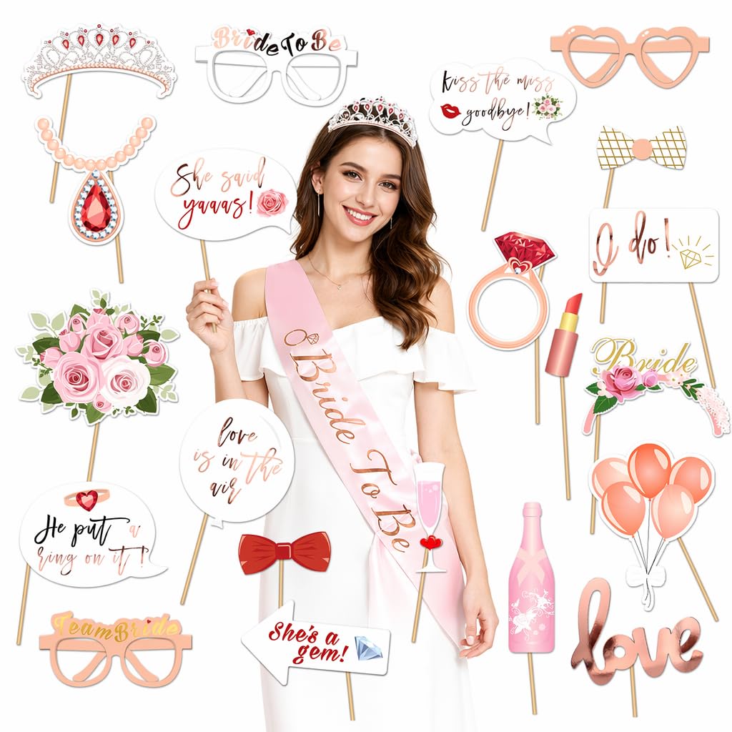 Kemay Girls Gold 23Pcs Rose Hen Party Photo Booth Props - Funny Bridal Shower & Bachelorette Party Selfie Accessories, Wedding Engagement Party Games Decor