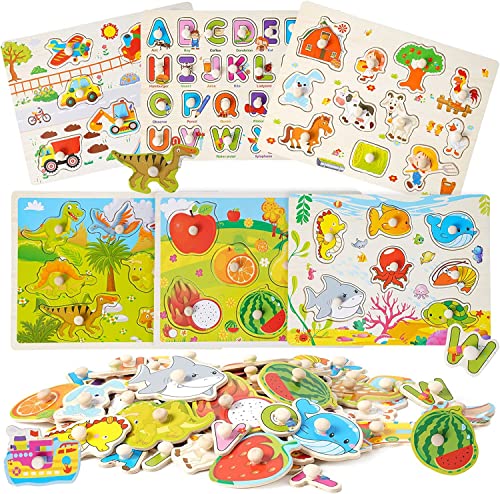 Wooden Peg Puzzles for Toddlers 6 Pack Wooden Jigsaw Set for Kids Alphabet Vehicles, Ocean, Dinosaur, Fruits and Farm