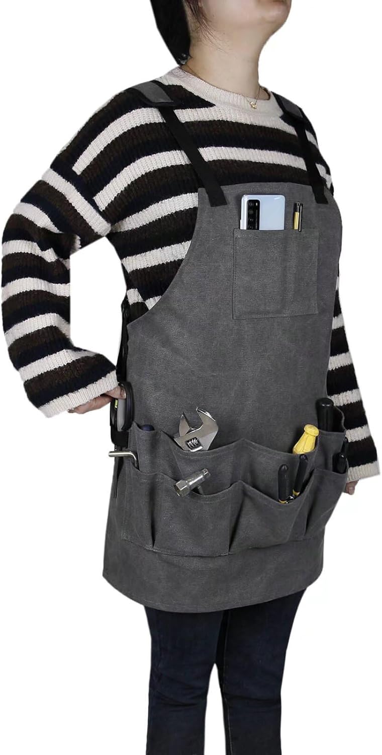 ATOLY Woodworking Apron Heavy Duty Waxed Canvas Work Apron with Pockets, Adjustable Tool Apron for Men