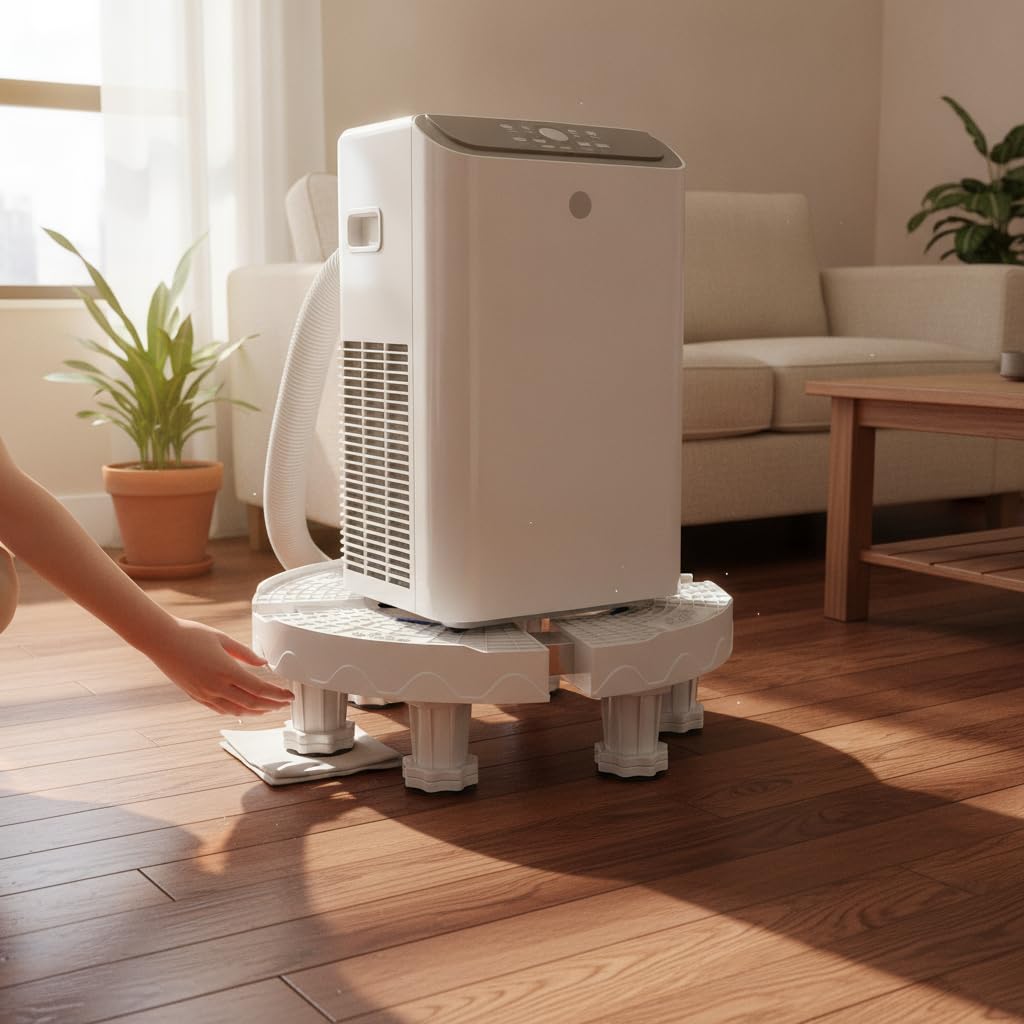Supporto Regolabile per Condizionatore , Base rotonda bianca 4 ruote mobili | Plastica resistente, Supporto , Sotto elettrodomestici, Per tecnici