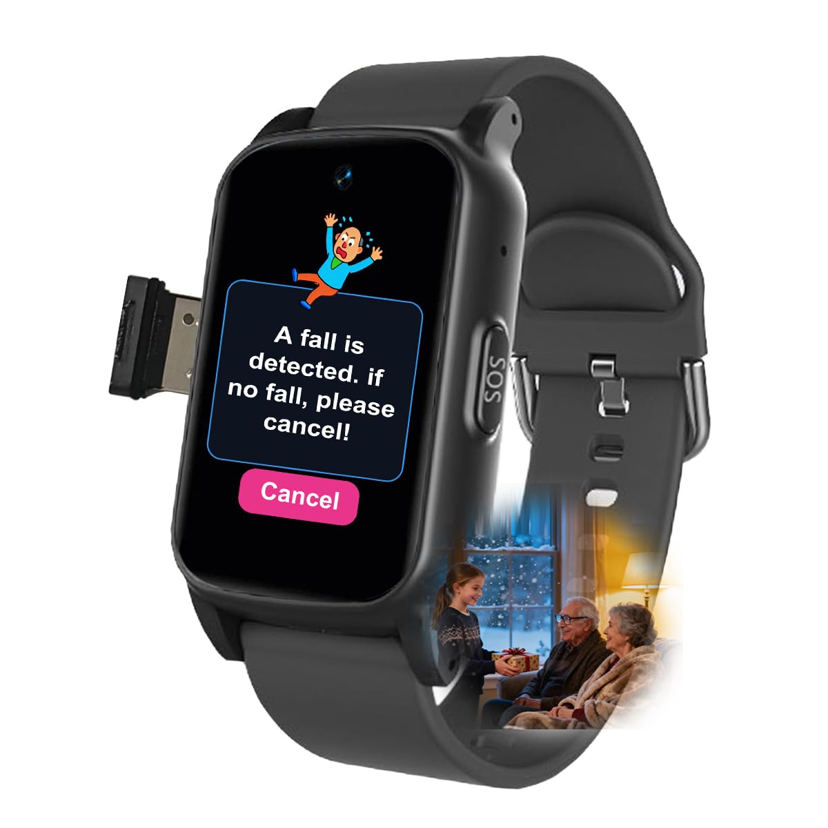 Reloj Localizador Personas Mayores, Detección De Caídas SOS GPS Posicionamiento Smart Watch para Personas Mayores, Videollamadas, Reloj InteligenteBlack,1.25 * 0.57 * 2.22inch