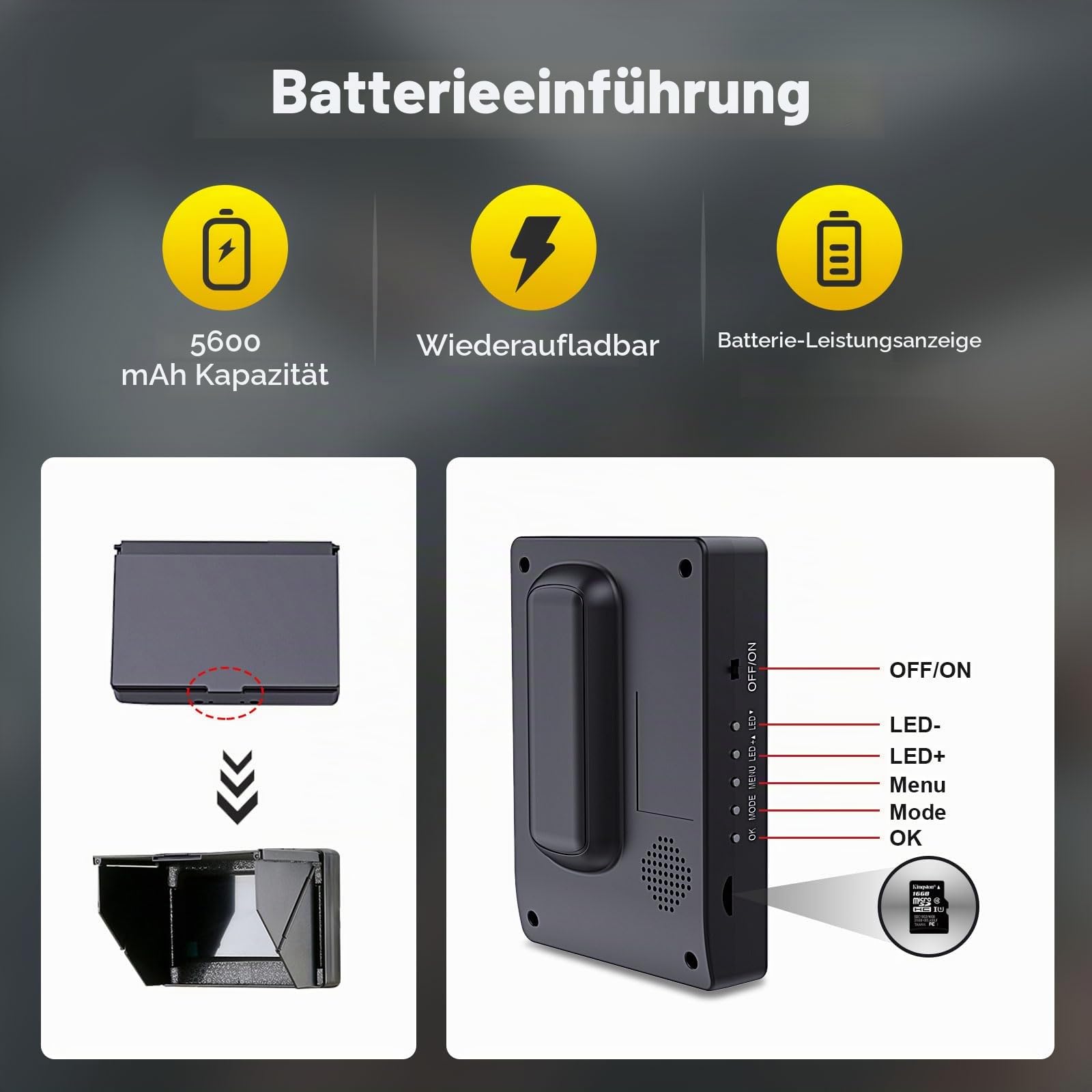 4.3'' Kanalkamera mit Licht, 22mm Kanalinspektionskamera mit DVR, Rohrkamera wasserdichte IP68 Endoskopkamera mit 12pcs LED-Leuchten, 5600mAh Akku, 16 GB TF-Karte