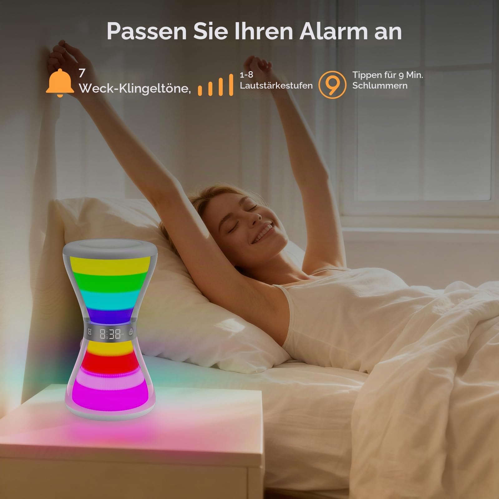 AFEXOA Digital Wecker mit Licht,Sanduhrform Tischuhr mit Snooze,Timer 5-90min,Dimmbar Nachtlicht,Geschenk für Mädchen Frauen Kinder Tageslichtwecker mit Regenbogen Stimmungslicht für Schlafzimmer