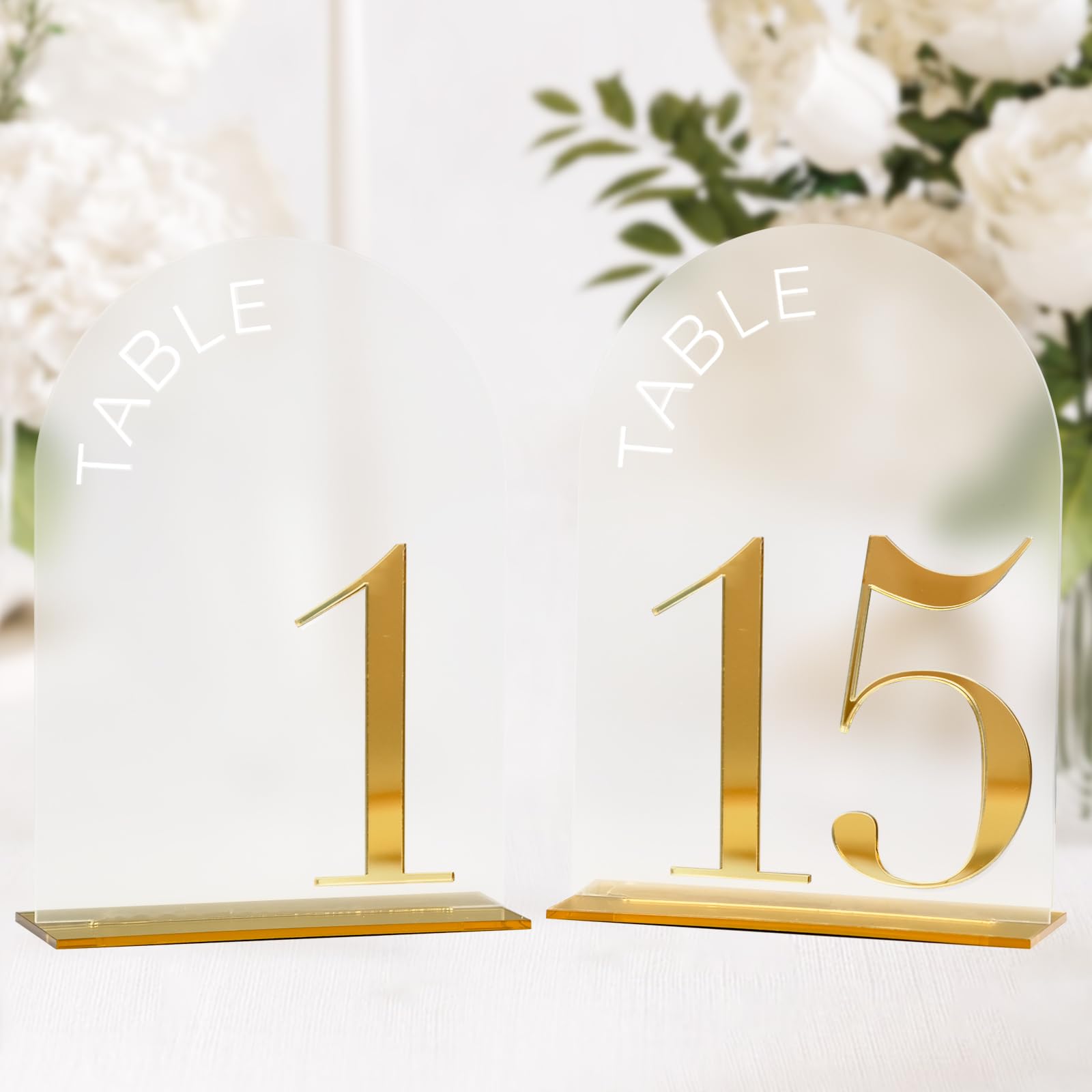 Frosted Arch Table Numbers for Wedding Reception, 15 Pack 5x7 Inch Frosted Acrylic Signs with Gold Number, 3D Arched Acrylic Table Numbers 1-15 for Wedding