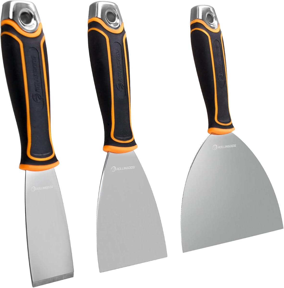 ROLLINGDOG Juego de cuchillos para masilla de 3 piezas (1,5", 3", 6") | Juego de cuchillos para masilla de acero inoxidable, mango ergonómico con agarre de goma, para raspar, reparar y esparcir paneles de yeso