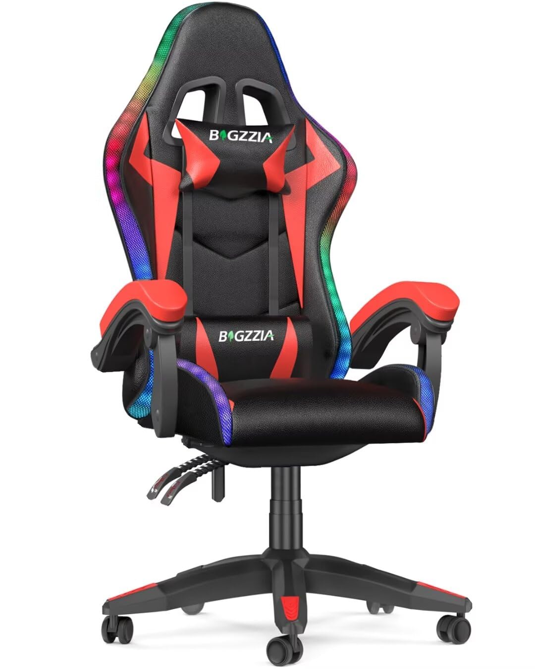 bigzzia Silla Gaming con Luces LED,Silla Ergonómica Gaming,Altura Regulable Silla con Apoyo Lumbar y Reposacabezas, Respaldo Inclinable hasta 155° (Utilización RGB, Red)