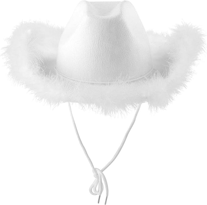 Chapeau Cowboy Rose Pour Femme Avec Bord En Plumes - Accessoire Déguisement Fête, Cosplay, Halloween (tour De Tête ~58 Cm)