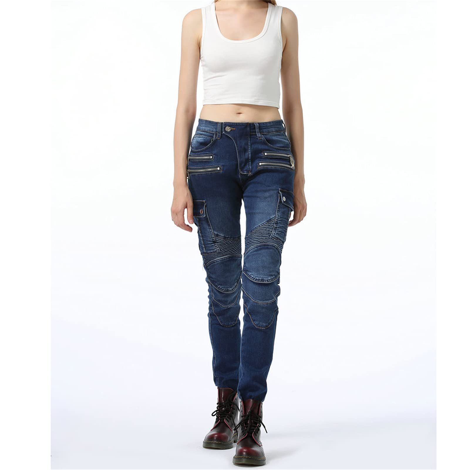 Pantaloni da moto da donna, pantaloni protettivi da moto, resistenti all'usura, traspiranti, con protezione staccabile per fianchi e ginocchiere, jeans (blu, XXS)