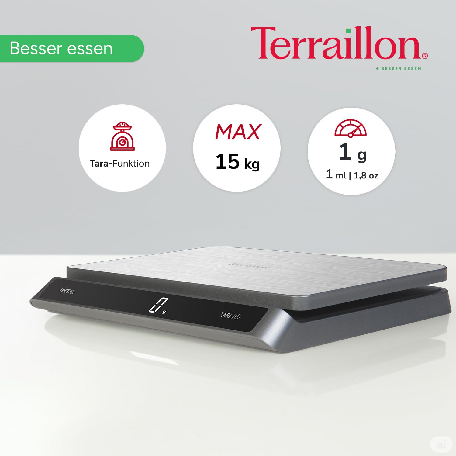 TERRAILLON - PRO USB15 – Professionelle elektronische Küchenwaage, große Platte aus Edelstahl, 23 x 16 cm, Kapazität 15 kg, Skala 1 g, wiederaufladbar über USB C, LED-Display mit
