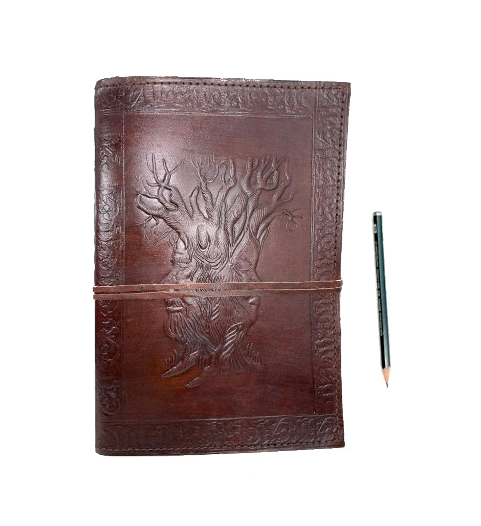 ROOGU Stammbaum [L] * Leder Notiz- Gäste- Skizzenbuch Handmade in Indien – Baum des Lebens Prägung – B5 Format