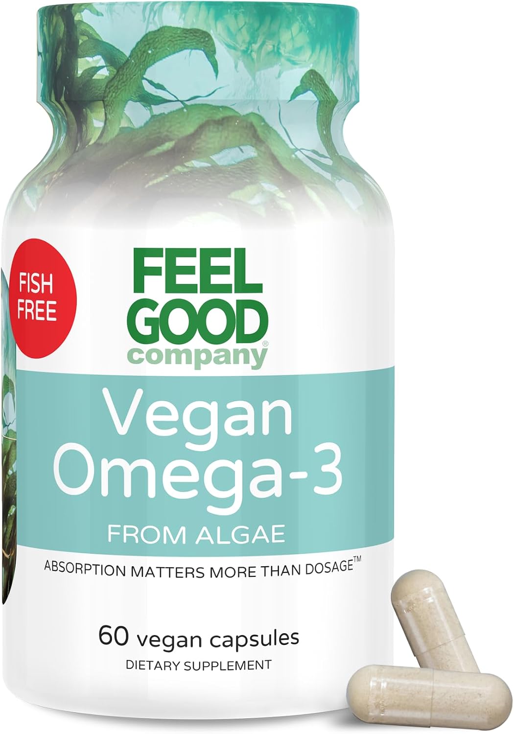 FEEL GOOD Company Vegan Omega-3 Supplement, Algae-Based, Fish-Free, 60 Capsules, Gluten-Free, Soy-Free, Easy to Digest