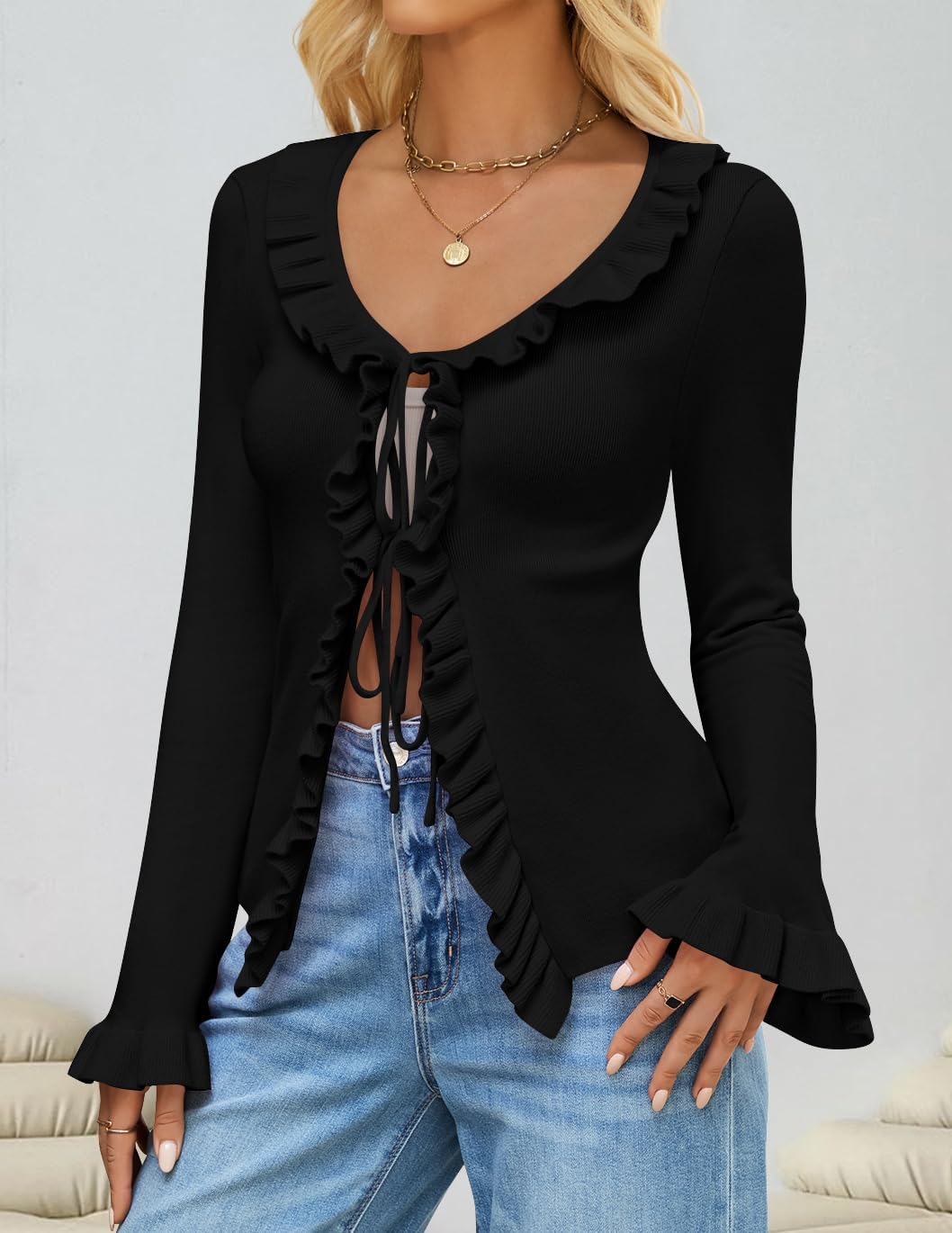 ZESICA Womens 2026 Fall Tie Front Bow Cardigan Sweaters Long Bell Sleeve V Neck Ruffled Knit Cropped Trendy Tops - Image 8