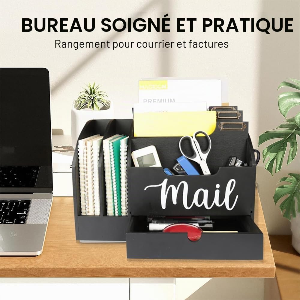 Organisateur de courrier en bois avec 6 compartiments et un tiroir, Tiroir de bureau en bois pour dossier Lettre Dossier, Boîte de rangement pour le courrier, Noir