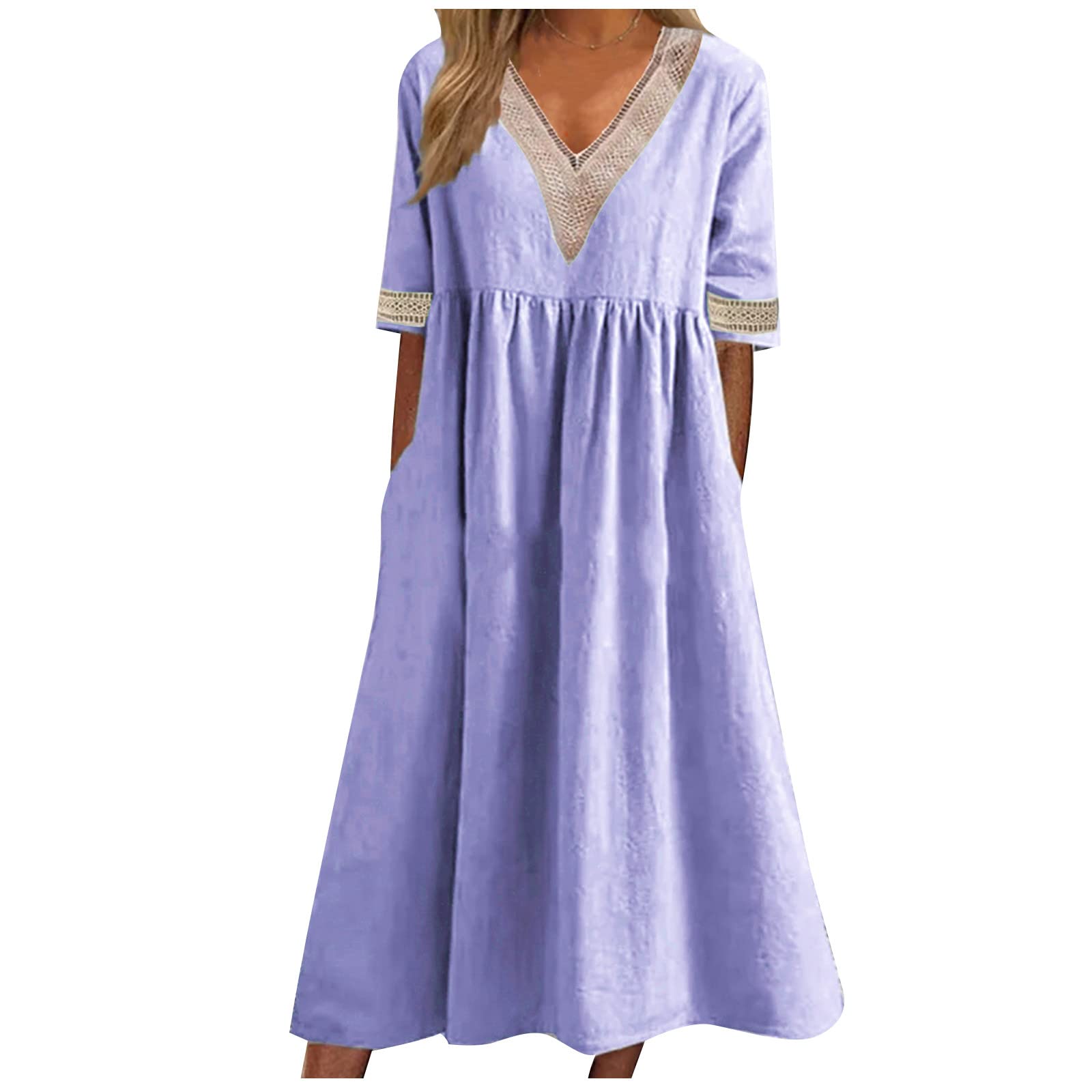 Generic Vestido de manga corta para mujer, cuello en V, lino, playa, hawaiano, plisado, maxi, vestido largo de verano y otoño 2024