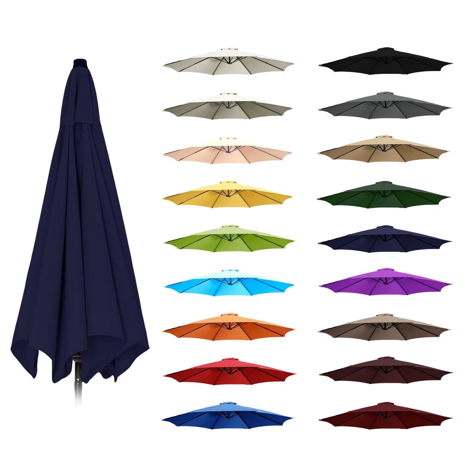 6.5ft To 11.5ft Thick Polyester Umbrella Replacement Canopy Fade Tear Resistant Reinforced Rib Pocket Top Vent Sunproof 6&8 Rib Patio Garden Parasol Top Multi Color Navy blue 7.5FT/2.30M-8Ribs