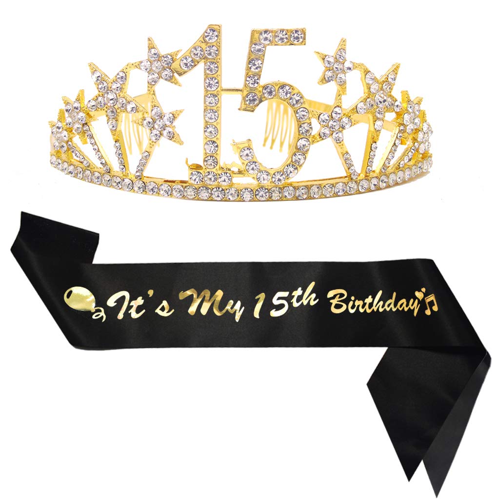 15th Birthday Sash and Tiara Kit 15th Birthday Sash and Birthday Queen Rhinestone Crown Black Sash and Gold Crystal Tiara for Happy 15th Birthday