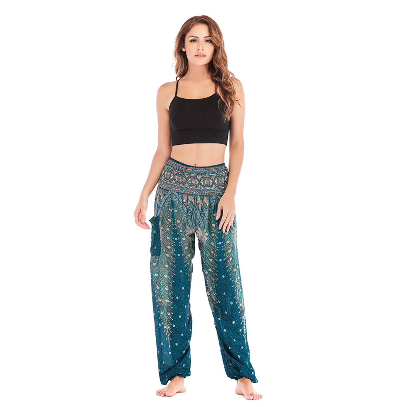 Sarouel Femme Pantalon Hippie Élastique Pantalon Jogger Poche Baggy Taille Haute Gym Sport Lounge Pantalon pour Yoga Summer Plage 002-Taille Unique