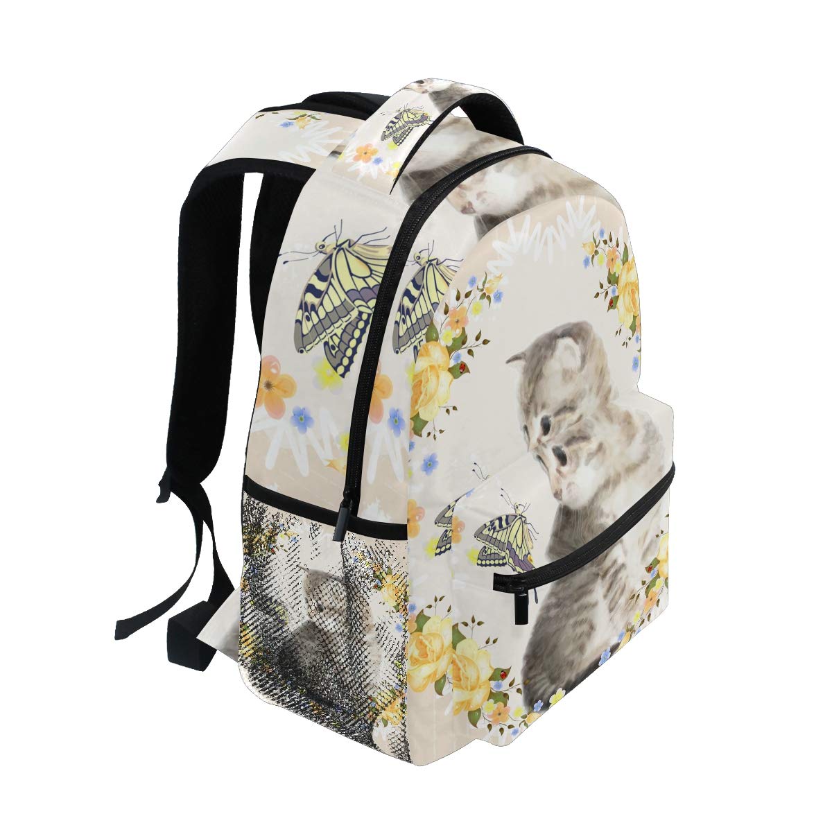 Mnsruu Sac à Dos d'école de Chat et de Rose pour des garçons Filles Enfants Sac de Voyage Bookbag, Taille unique