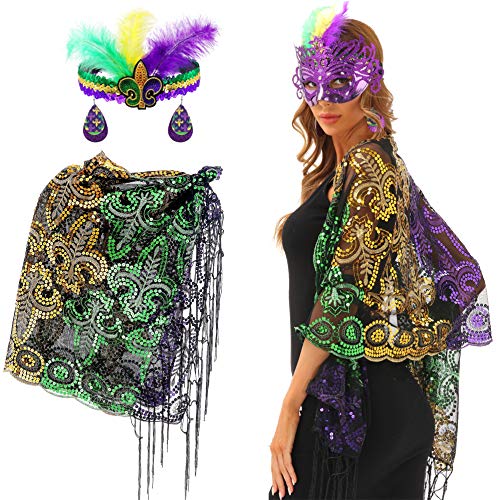 Mardi Gras Shawl Scarf Costume Accessories Set Decorations with Mardi Gras Headband and Earrings for Women