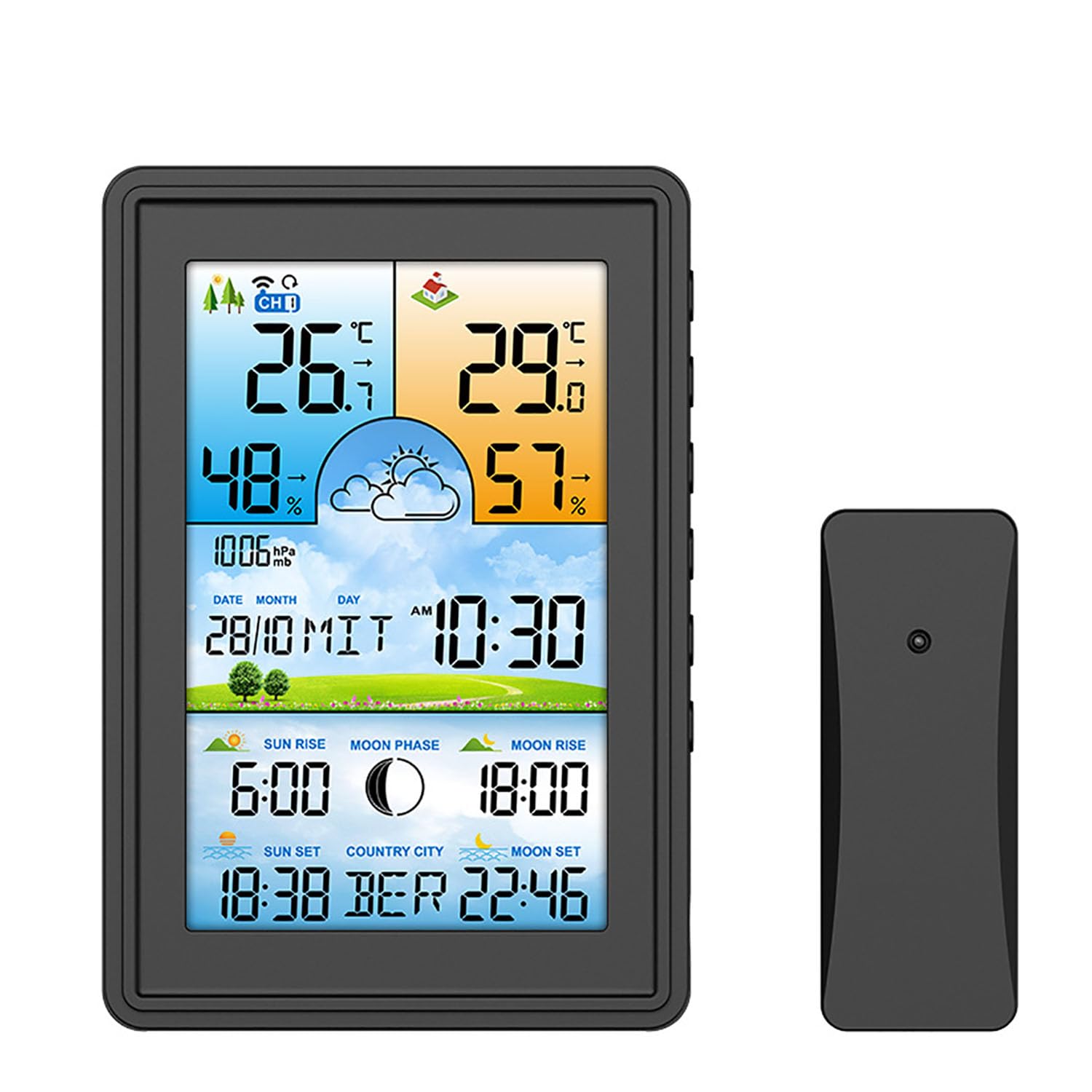 Termometro E Igrometro con Schermo a Colori, Misuratore di Temperatura E Monitor di umidità con Sensore Esterno, Retroilluminazione Bianca Calda, Previsioni Meteo E Sveglia per Casa, Ufficio
