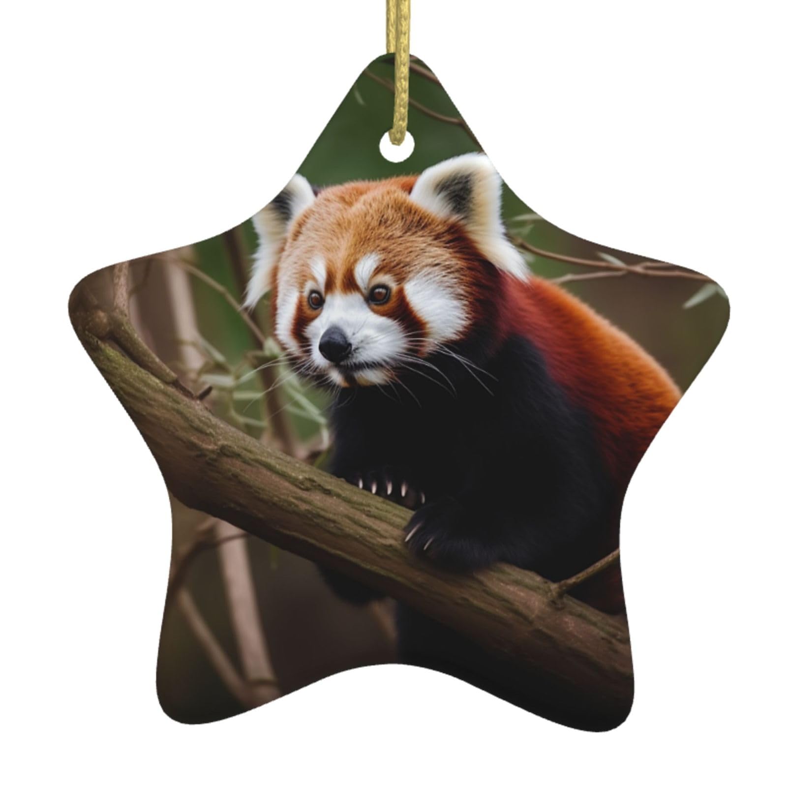 Ceramic Christmas Tree Hanging Ornaments with Gold Ropes Christmas Tree Decorations Star Ceramic Red Panda on Tree Branch Pendant Keepsake Decorations for Holiday Xmas Gift Ideas